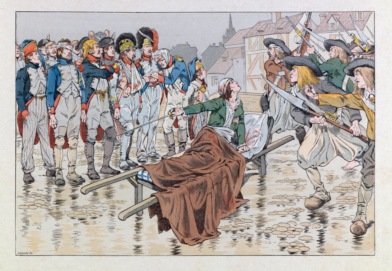Jacques Marie Gaston Onfray de Breville dit JOB - Ilustración del libro Las espadas de Francia: El Marqués de Bonchamps herido mortalmente después de la batalla de Cholet en 1793 salva a prisioneros republicanos de las manos de los chouans de pseudonym for Onfray de Breville Jacques Job
