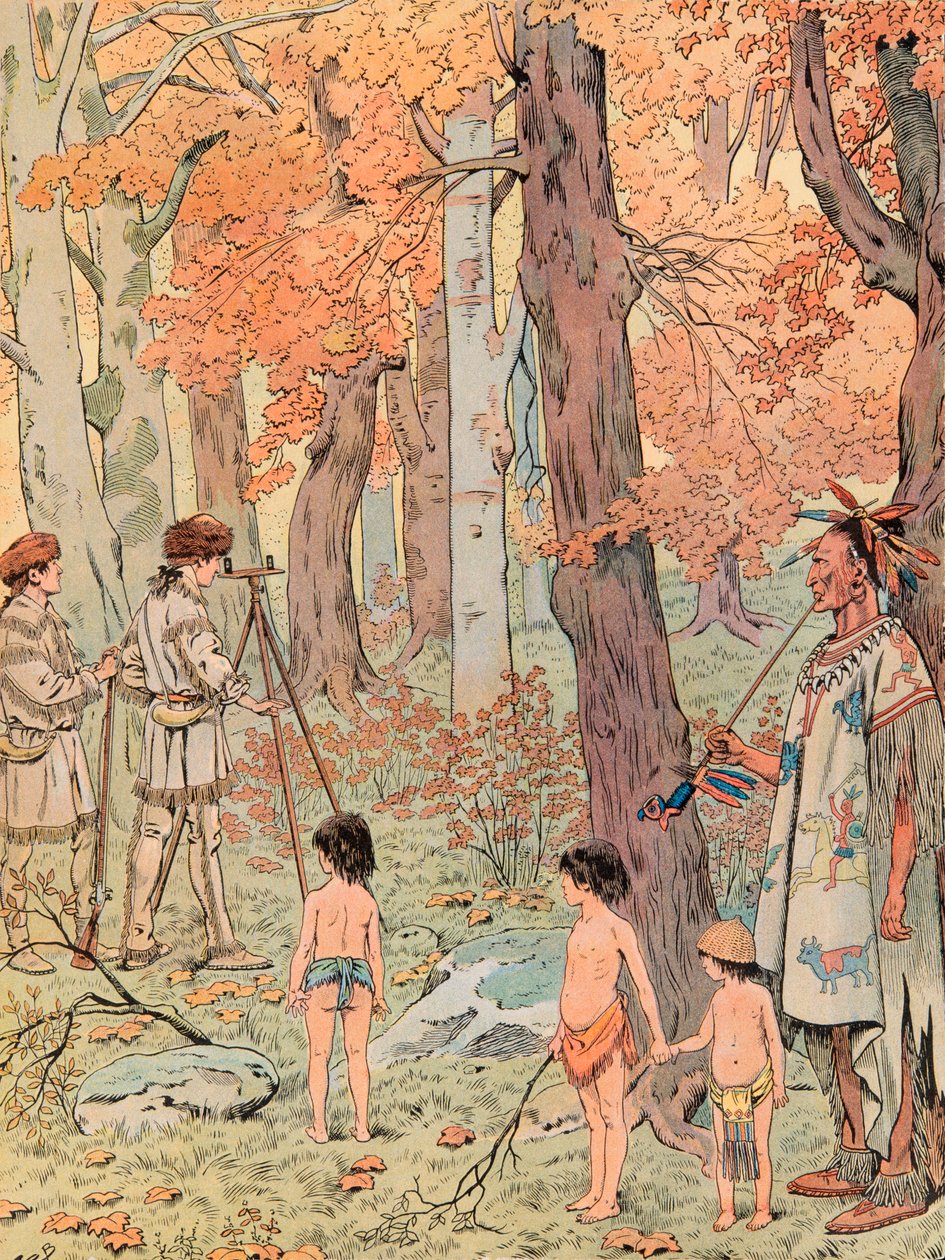 Jacques Marie Gaston Onfroy de Breville, conocido como JOB (1858-1931) - A los dieciséis años, George Washington se convirtió en agrimensor y cartografió las tierras al oeste de las Montañas Blue Ridge. Colección privada de pseudonym for Onfray de Breville Jacques Job