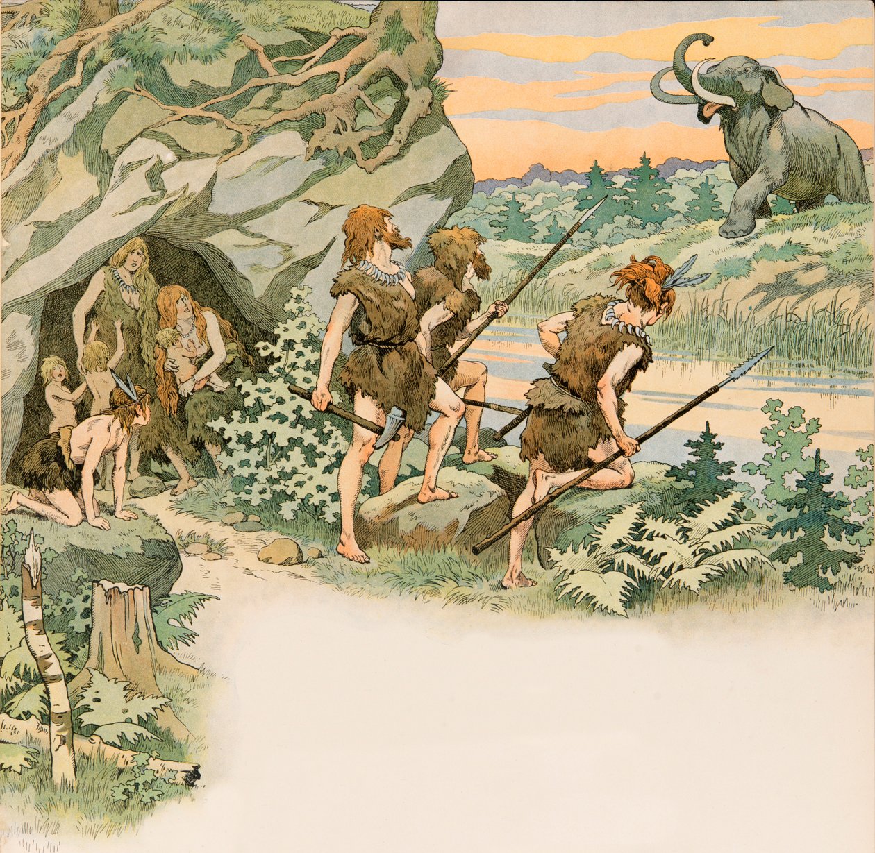 Durante la prehistoria, los hombres de las cavernas protegen a sus familias de un ataque de mamut de pseudonym for Onfray de Breville Jacques Job