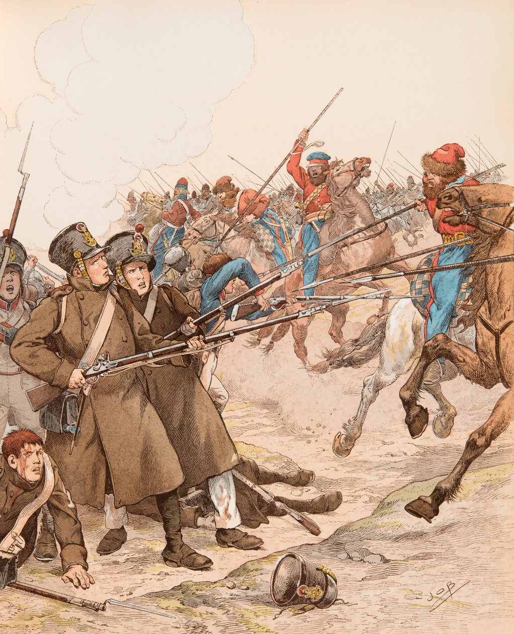 Militares franceses durante las campañas de Napoleón apodados Marie Louise en 1815 luchando contra los cosacos de pseudonym for Onfray de Breville Jacques Job