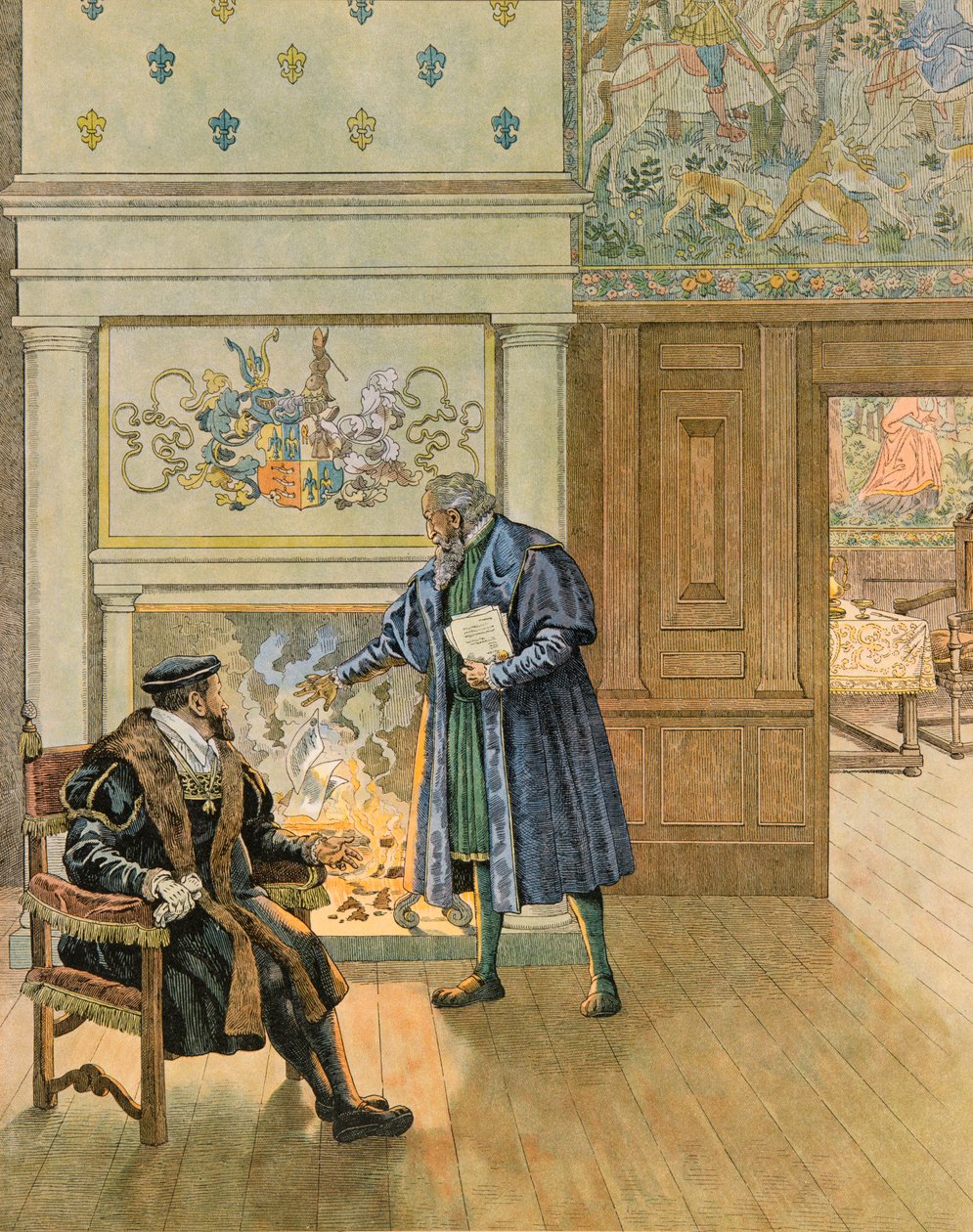 Jacques Marie Gaston Onfroy de Breville dit JOB (1858-1931) - Historia de Bélgica: el Emperador Carlos V (1500 - 1558) visitando a los grandes comerciantes y financieros de la ciudad de Amberes, Colección privada de pseudonym for Onfray de Breville Jacques Job