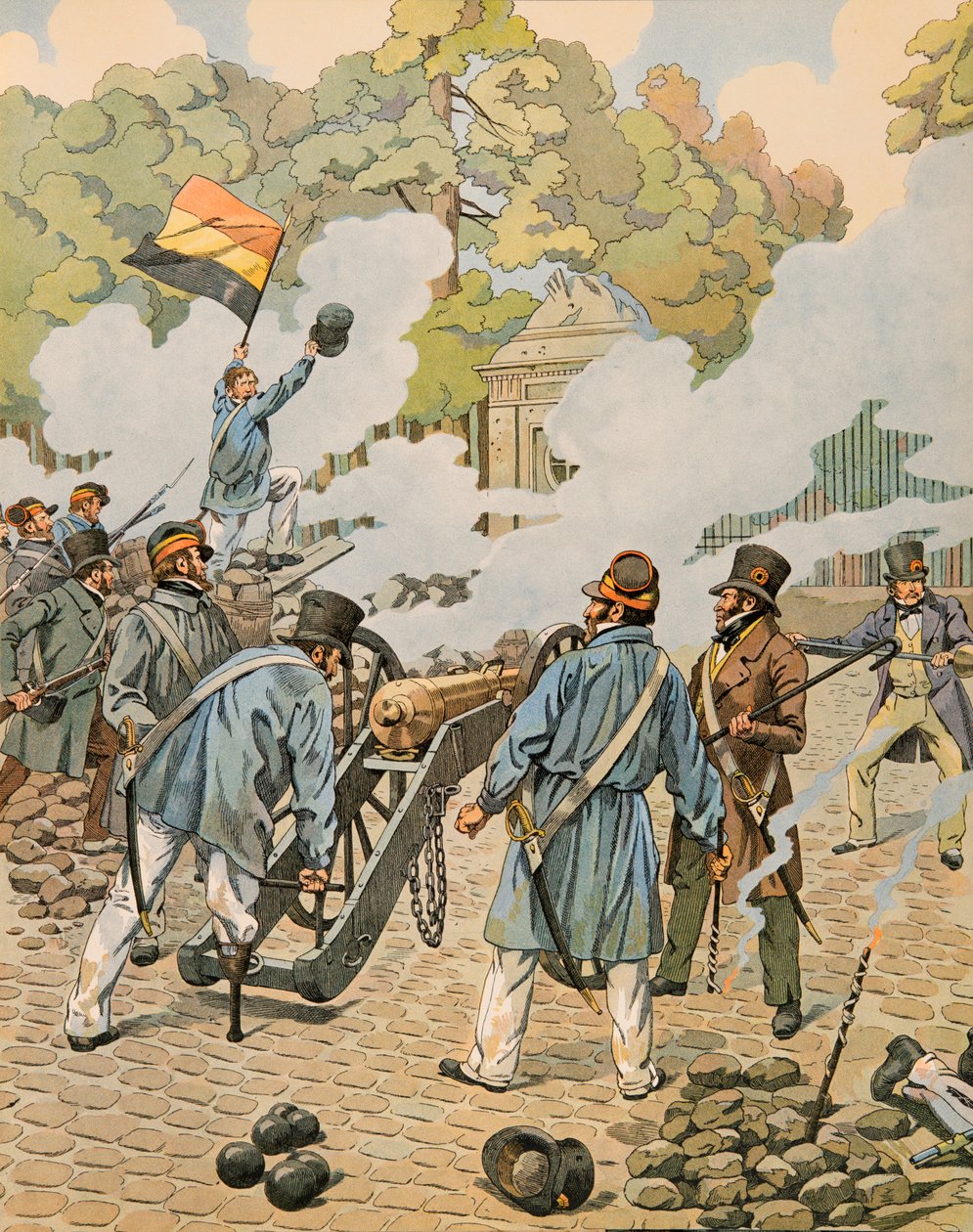 Jacques Marie Gaston Onfroy de Breville dit JOB - Historia de Bélgica: Jean Joseph Charlier, conocido como la pierna de madera, apunta su pieza de artillería contra las tropas holandesas en el parque de Bruselas en septiembre de 1830 de pseudonym for Onfray de Breville Jacques Job