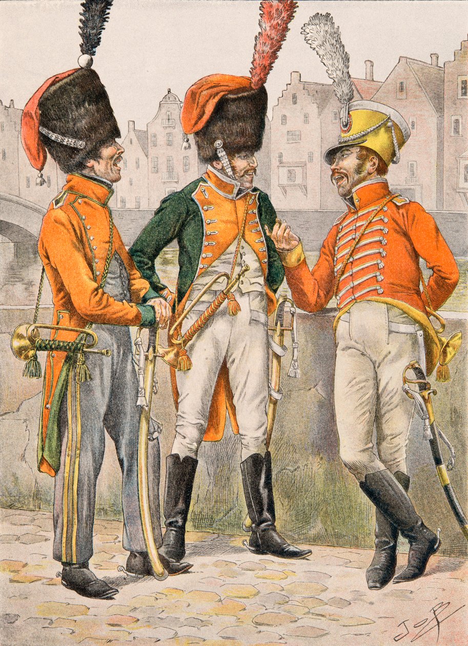 Uniforme de las tropas francesas en todos los tiempos: Trompetas de los regimientos 14, 23, 24 de cazadores a caballo antes de 1812, Colección Privada de pseudonym for Onfray de Breville Jacques Job