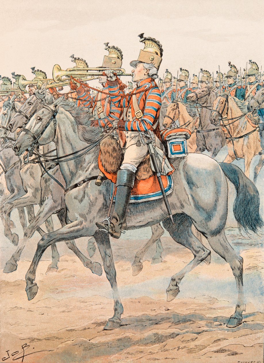 Jacques Marie Gaston Onfroy de Breville, conocido como JOB (1858-1931) - Uniforme de las tropas francesas en todo momento: Trompeta del Regimiento de Orleans - Dragones (1781). Colección privada de pseudonym for Onfray de Breville Jacques Job
