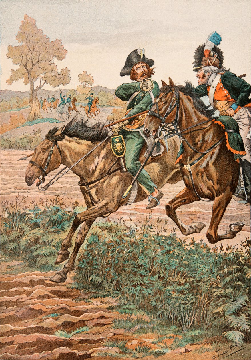 Jacques Marie Gaston Onfroy de Breville dit JOB (1858-1931) - Atuendo de las tropas francesas en todas las épocas: Caballero Vendeano y piquero (o Piconnier) en el caballo de la Legión Germánica (1793), Colección privada de pseudonym for Onfray de Breville Jacques Job