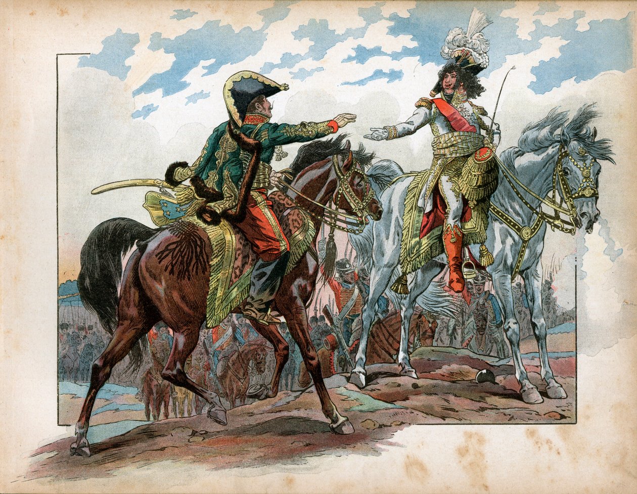 Joachim Murat (1767-1815) y el General Antoine Charles Louis de La Salle (Lasalle) (1775-1809) durante la Batalla de Heilsberg en 1807. Grabado por Jacques Marie Gaston Onfray de Breville dit Job de pseudonym for Onfray de Breville Jacques Job