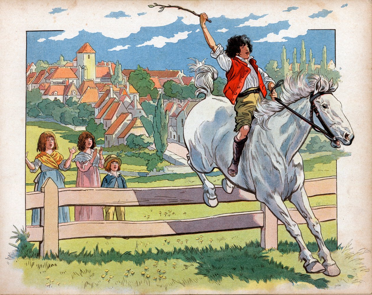 Joachim Murat (1767-1815) niño en un caballo entrenando para saltar setos. Grabado por Jacques Marie Gaston Onfray de Breville dit Job (1858-1931) de pseudonym for Onfray de Breville Jacques Job