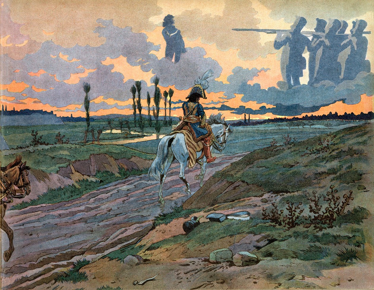 Joachim Murat (1767-1815) regresó a Nápoles después de la derrota de Leipzig en 1813. Grabado por Jacques Marie Gaston Onfray de Breville dit Job (1858-1931) de pseudonym for Onfray de Breville Jacques Job