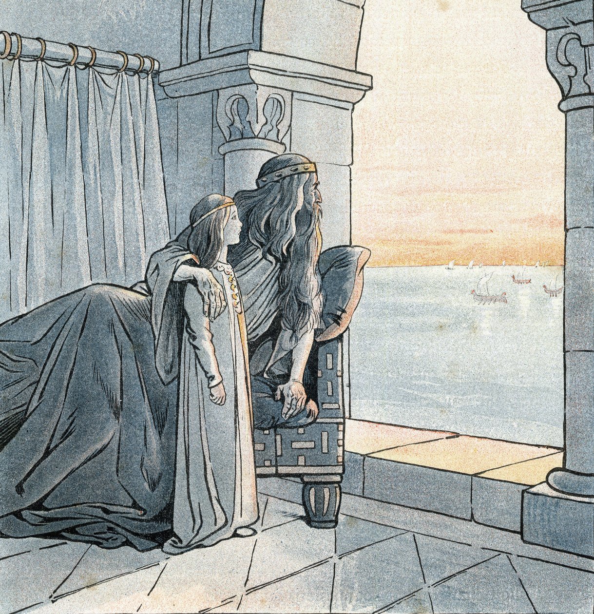 El rey Carlomagno (Carlos I llamado Carlos el Grande, 742-814) observa la llegada de los drakkars vikingos en el Sena en el siglo IX. en “Francia, su historia contada por G. Montorgueil, ilustrada por Job” 1896. Colección privada. de pseudonym for Onfray de Breville Jacques Job