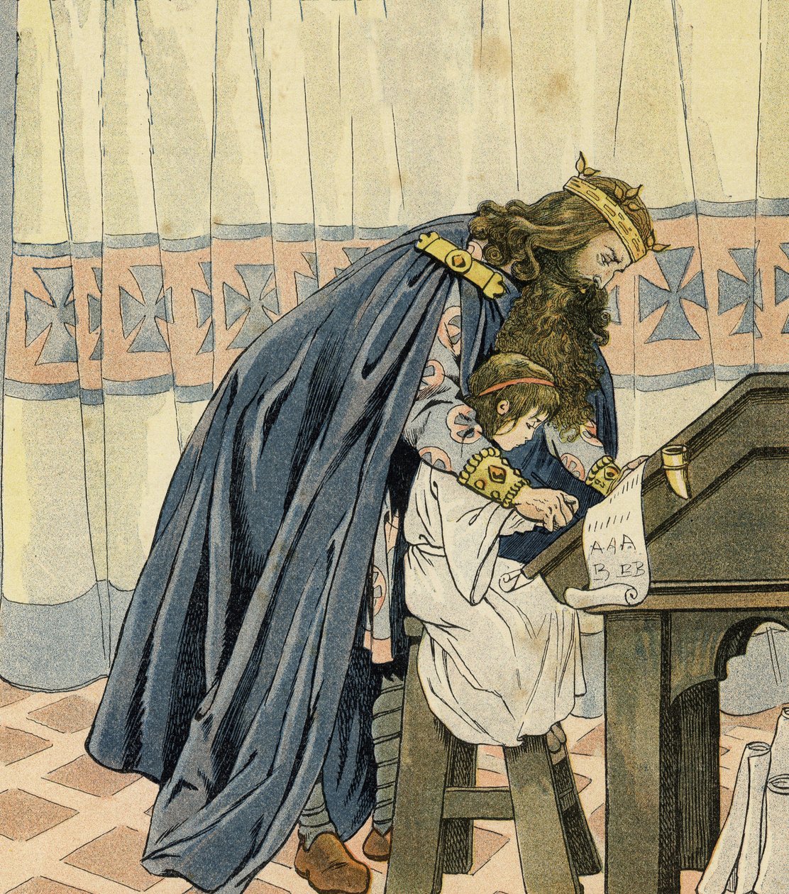 El Rey Carlomagno (Carlos I, conocido como Carlos el Grande, 742-814) educa a un niño y inventa la escuela. en “Francia, su historia contada por G. Montorgueil, ilustrada por Job” 1896. Colección privada. de pseudonym for Onfray de Breville Jacques Job