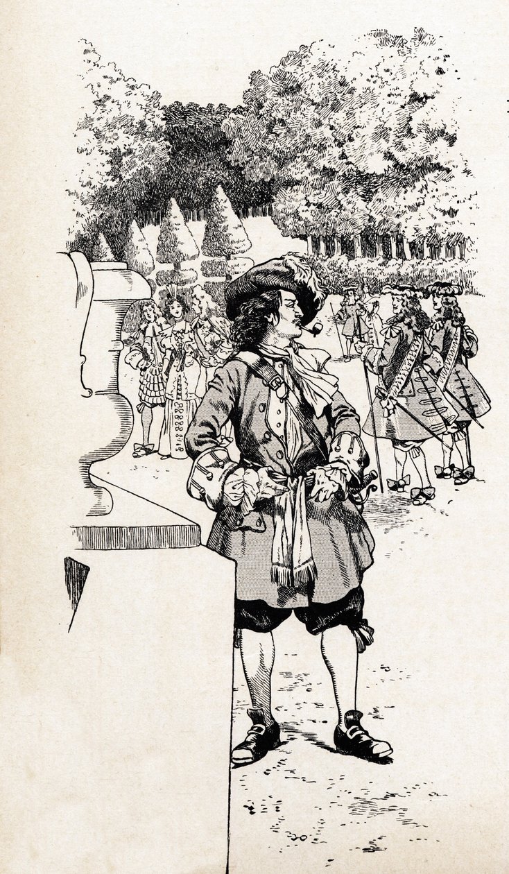 Rey Luis XIV de Francia llamado Rey Sol (1638-1715) con sus cortesanos en los jardines de Versalles. Ilustración de Job (Jacques Marie Gaston Onfray y Breville) (Jacques-Marie) (1858-1931) para el libro “Les grands mots historiques du pays de France” de pseudonym for Onfray de Breville Jacques Job