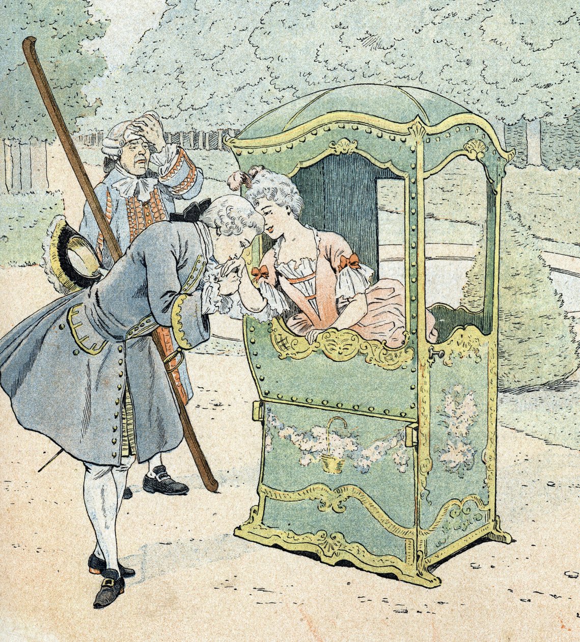 Dama de la nobleza en el siglo XVIII, en una silla con porteros recibiendo el besamanos de pseudonym for Onfray de Breville Jacques Job