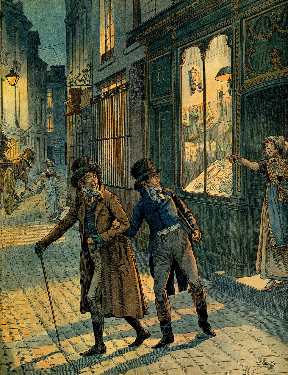 Louis Antoine Fauvelet de Bourrienne (1769-1834) y Napoleón I Bonaparte (1769-1821) en las calles de París de incógnito. Ilustración de Jacques Marie Gaston Onfray de Breville dit JOB (1858-1931). Colección privada de pseudonym for Onfray de Breville Jacques Job