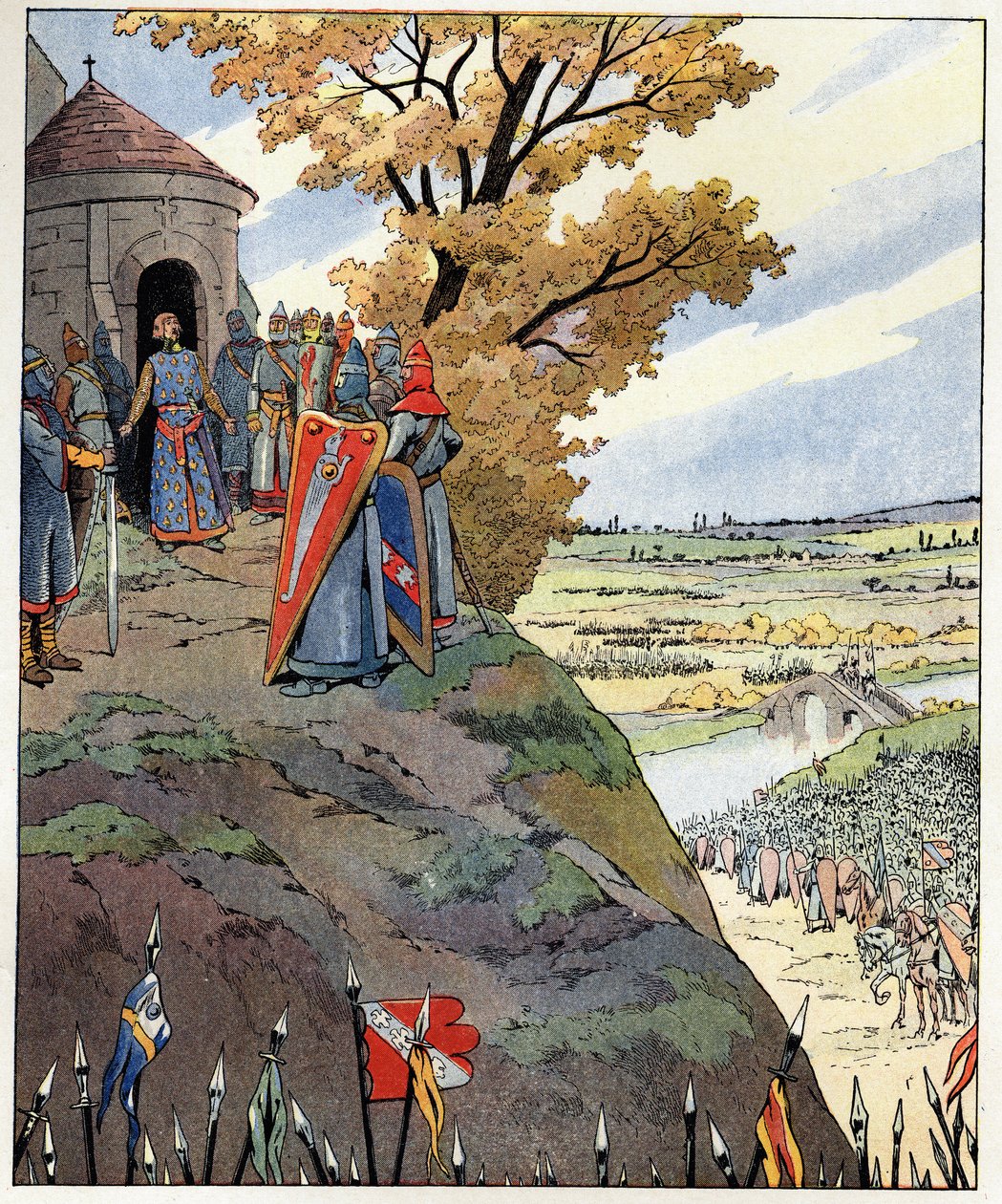 ¡Mi corona a las valientes palabras del rey Felipe II! dijo Felipe Augusto (1165-1223) a los señores antes de la victoria de la Batalla de Bouvines el 27 de julio de pseudonym for Onfray de Breville Jacques Job