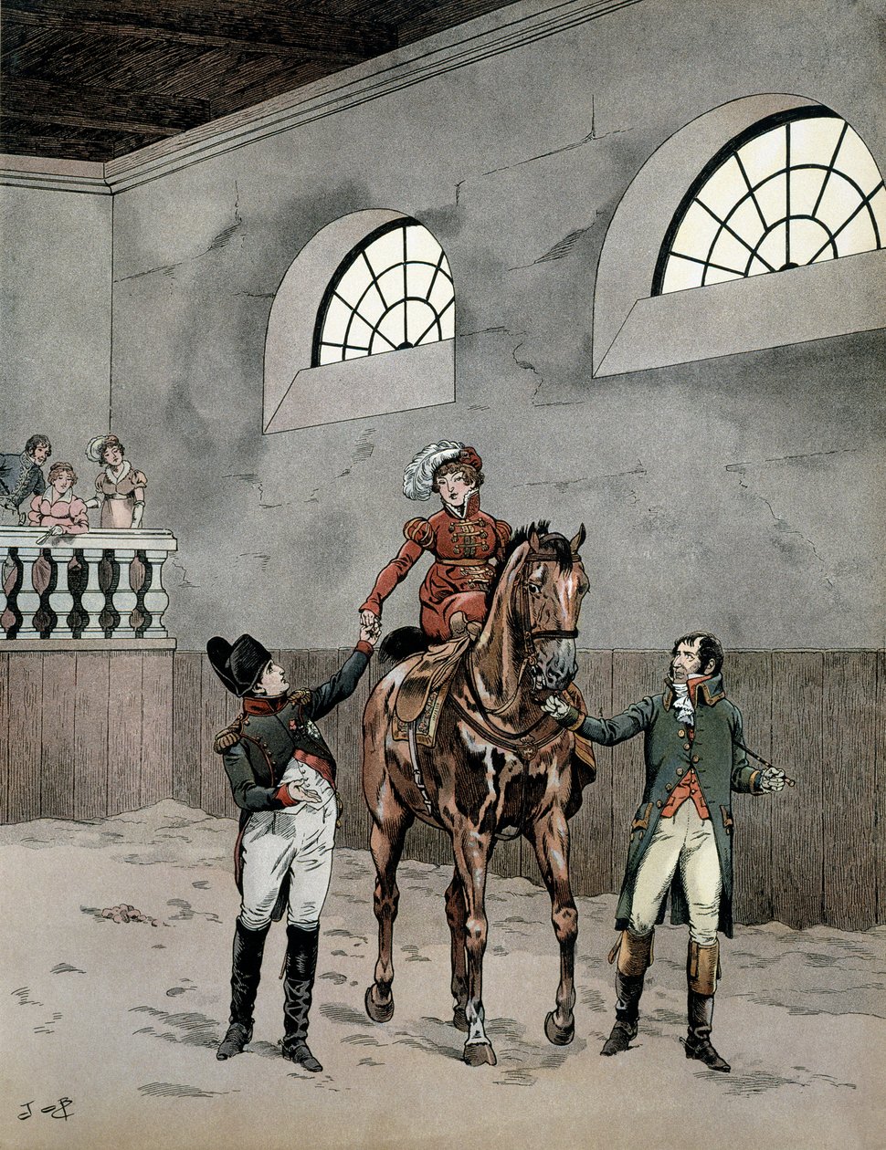 Napoleón I Bonaparte (1729-1821) asistió a las lecciones de equitación de la emperatriz María Luisa de Austria (1791-1847). Ilustración de Jacques Marie Gaston Onfray de Breville dit JOB (1858-1931) en 