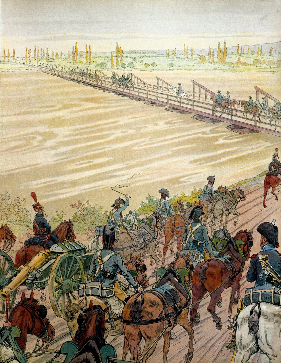 Napoleón I Bonaparte y su ejército cruzaron el Rin el 1 de octubre de 1805. En “Napoleón” de Georges Montorgueil. Ilustración de Jacques Marie Gaston Onfray de Breville dit JOB de pseudonym for Onfray de Breville Jacques Job