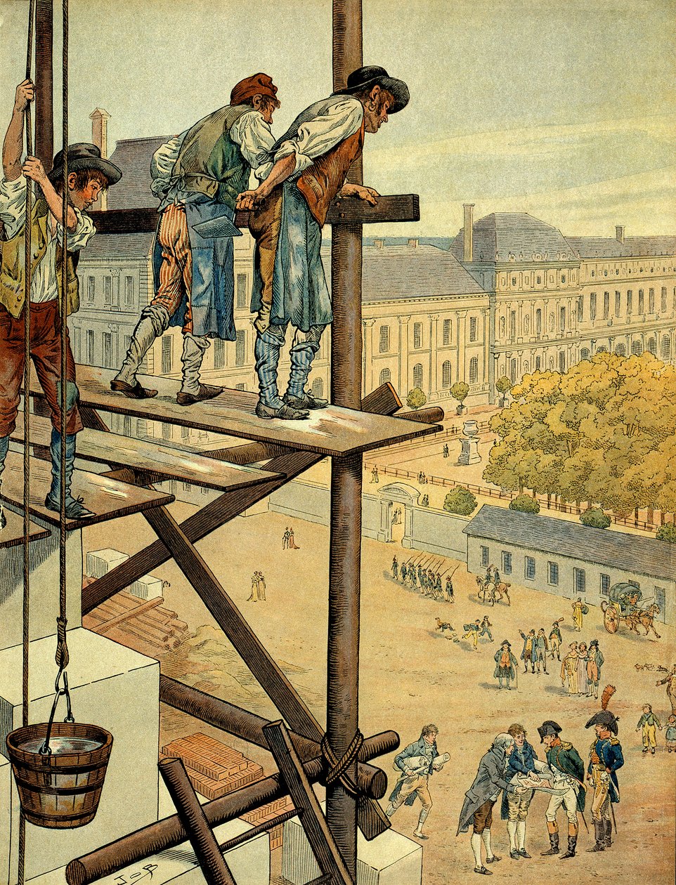 Napoleón I Bonaparte (1769-1821) atento a las obras arquitectónicas y urbanas de la conexión entre el Louvre y el Palacio de las Tullerías en París con la Plaza y la Rue de Rivoli que comenzaron en 1802 de pseudonym for Onfray de Breville Jacques Job