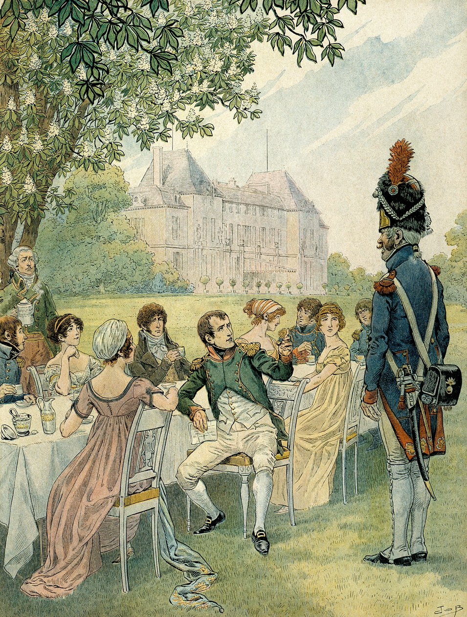 Napoleón I Bonaparte (1769-1821) durante un almuerzo en los jardines del castillo de Malmaison. Ilustración de Jacques Marie Gaston Onfray de Breville dit JOB (1858-1931). Colección privada de pseudonym for Onfray de Breville Jacques Job