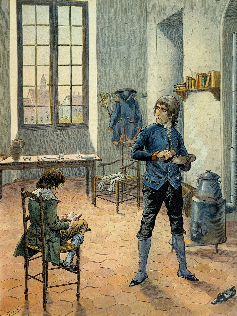 Napoleón I Bonaparte (1769-1821) en guarnición en Auxonne con su hermano Luis Bonaparte (1778-1846) leyendo entre 1788 y 1789. Ilustración de Jacques Marie Gaston Onfray de Breville dit JOB (1858-1931) de pseudonym for Onfray de Breville Jacques Job