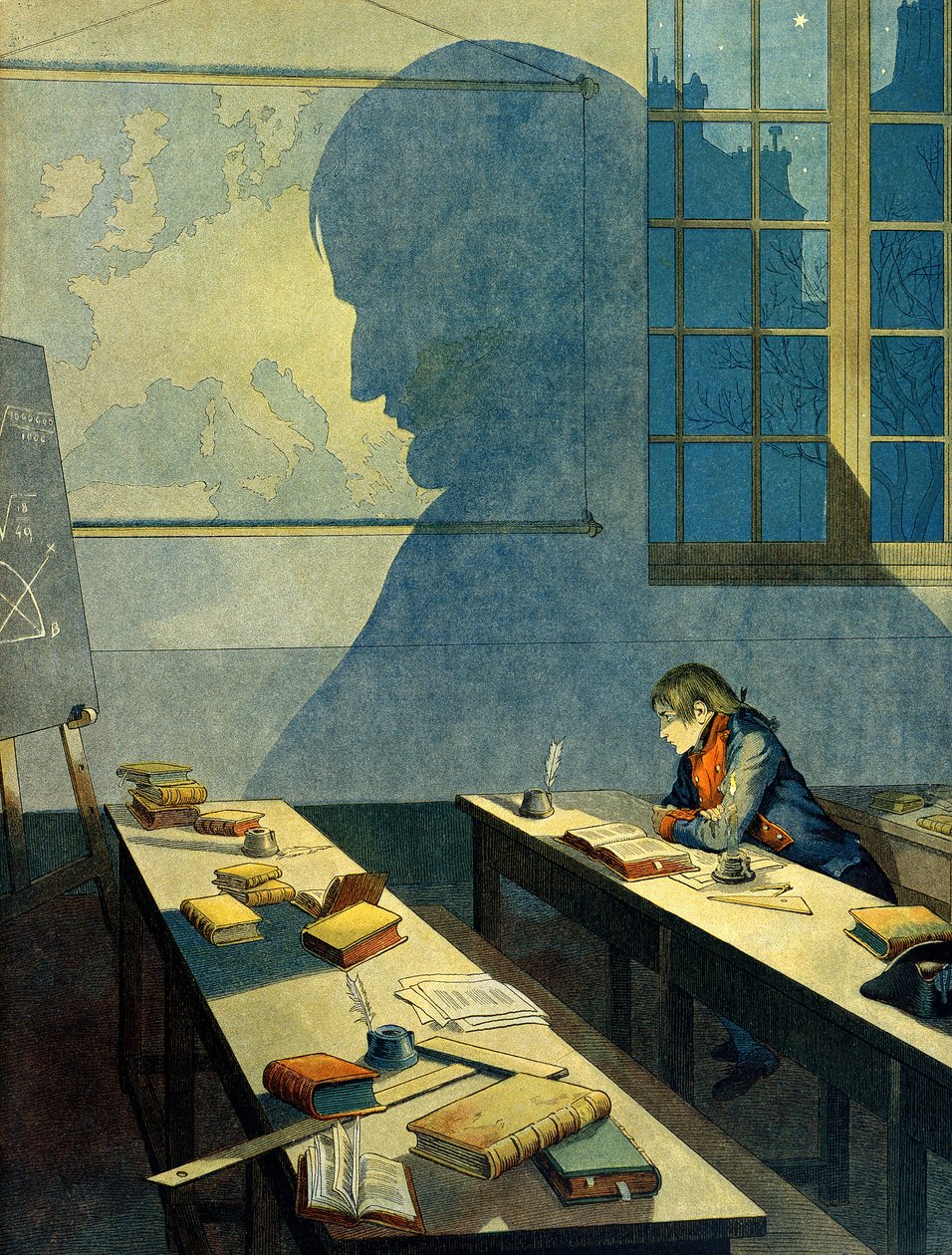 Napoleón I Bonaparte (1769-1821) estudiando en la Real Escuela Militar de Brienne. Su sombra cae sobre el mapa geográfico de Europa. Ilustración de Jacques Marie Gaston Onfray de Breville dit JOB de pseudonym for Onfray de Breville Jacques Job