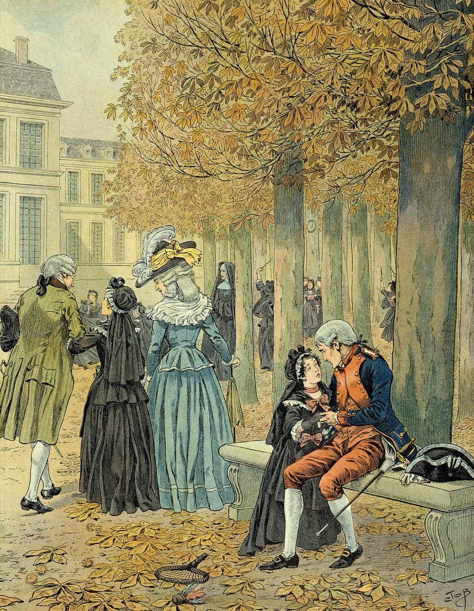 Napoleón I Bonaparte (1769-1821) visitó a su hermana Elisa Bonaparte (1777-1820) en la casa real de Saint Cyr. Ilustración de Jacques Marie Gaston Onfray de Breville dit JOB (1858-1931) de pseudonym for Onfray de Breville Jacques Job