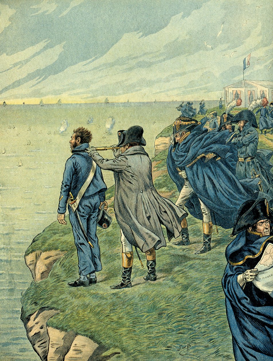 Napoleón I Bonaparte visitó el arsenal del campamento de Boulogne en julio de 1804. Ilustración de Jacques Marie Gaston Onfray de Breville de pseudonym for Onfray de Breville Jacques Job