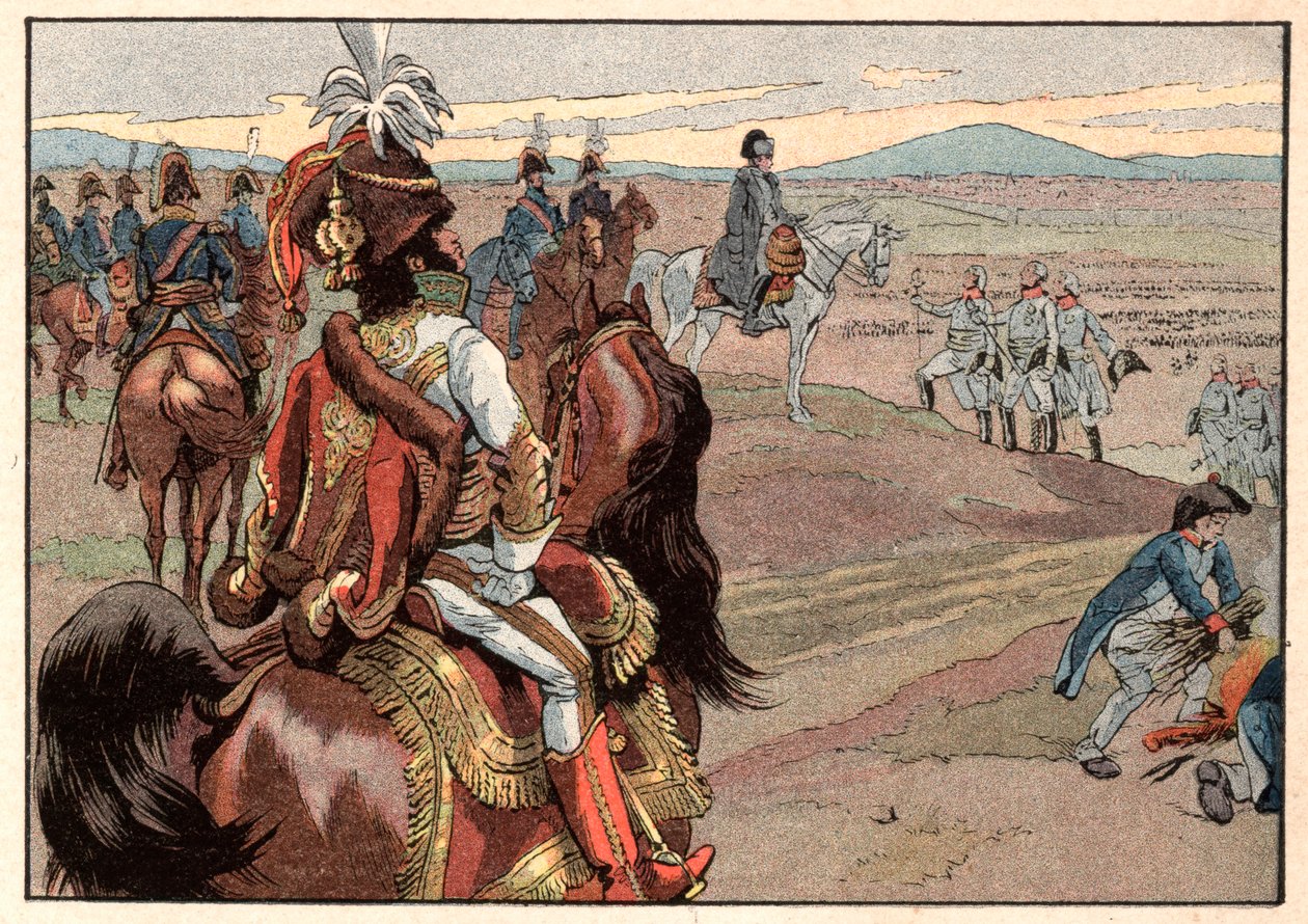 Napoleón I Bonaparte (1769-1821) con Joachim Murat (1767-1815) durante la rendición de Ulm en 1805. Grabado por Jacques Marie Gaston Onfray de Breville dit Job (1858-1931) de pseudonym for Onfray de Breville Jacques Job