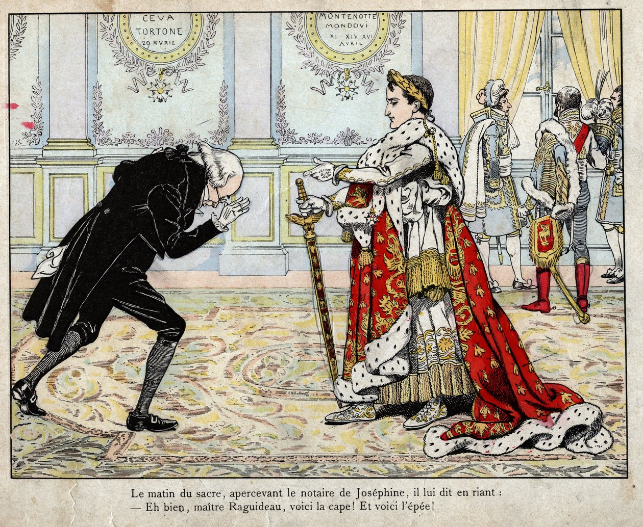Napoleón y el notario Raguideau, mañana de la coronación 1804 - litografía de Job (Jacques Onfroy de Bréville) de “Le Grand Napoléon des Petites Enfants” 1893 de pseudonym for Onfray de Breville Jacques Job