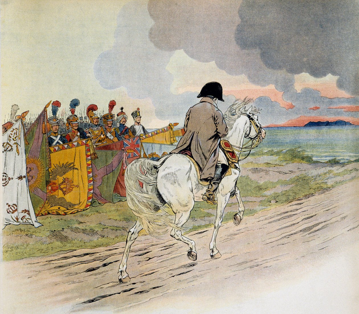 Napoleón pasando frente a sus tropas a caballo cuando partió al exilio en la isla de Elba. Ilustración de Jacques Marie Gaston Onfray de Breville, conocido como JOB (1858-1931) de pseudonym for Onfray de Breville Jacques Job