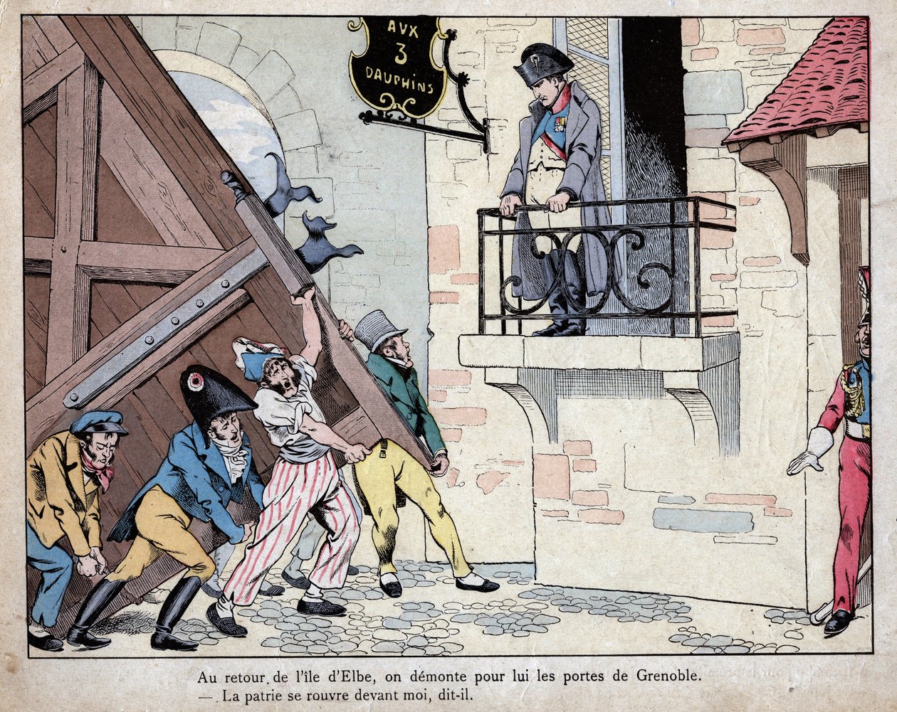 Napoleón reuniendo a sus soldados en Grenoble a su regreso de la isla de Elba - La ciudad de Grenoble abre sus puertas a Napoleón a su regreso del exilio en Elba, 7 de marzo de 1815 - litografía de Job (Jacques Onfroy de Breville) de “Le Grand Napoléon des de pseudonym for Onfray de Breville Jacques Job