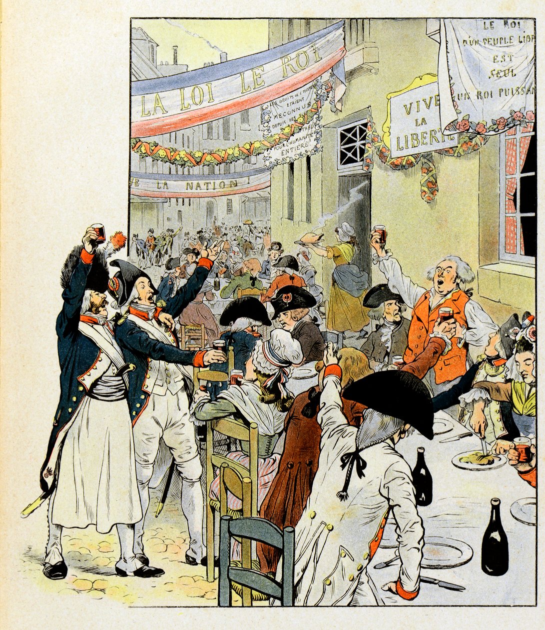 Banquete revolucionario después de la toma de la Bastilla - Ilustración de Job (Jacques Marie Gaston Onfray de Breville) (1858-1931) para el libro La Tour d