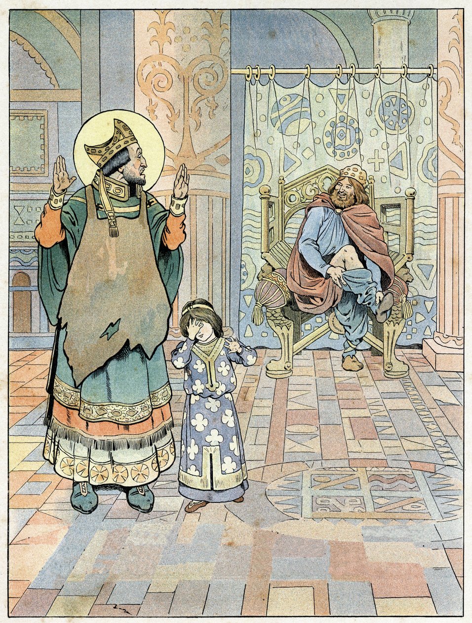 San Eloi (v.588-659) señala al Rey de Francia Dagoberto I (602 o 605-638 o 639) que sus pantalones estaban al revés (calzoncillos al revés). en “Francia, su historia contada por G. Montorgueil, ilustrada por Job” 1896. Colección privada. de pseudonym for Onfray de Breville Jacques Job