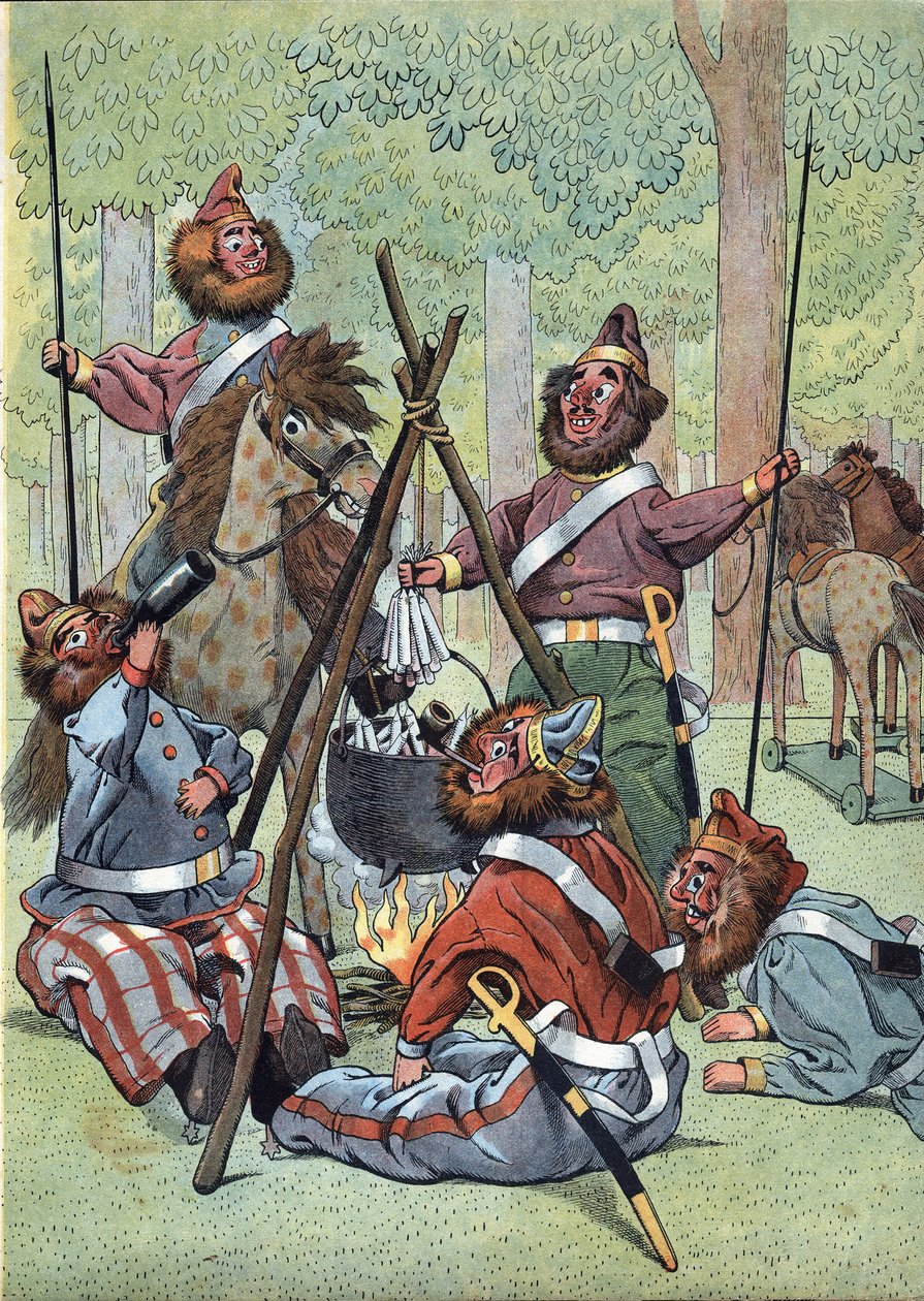 Escena de la historia de Francia en juguetes: Después del episodio de la retirada de Rusia durante la Guerra Napoleónica (1812) los cosacos montan su vivac en los Campos Elíseos en París en 1814. Ilustración de Job (Jacques-Marie) de pseudonym for Onfray de Breville Jacques Job