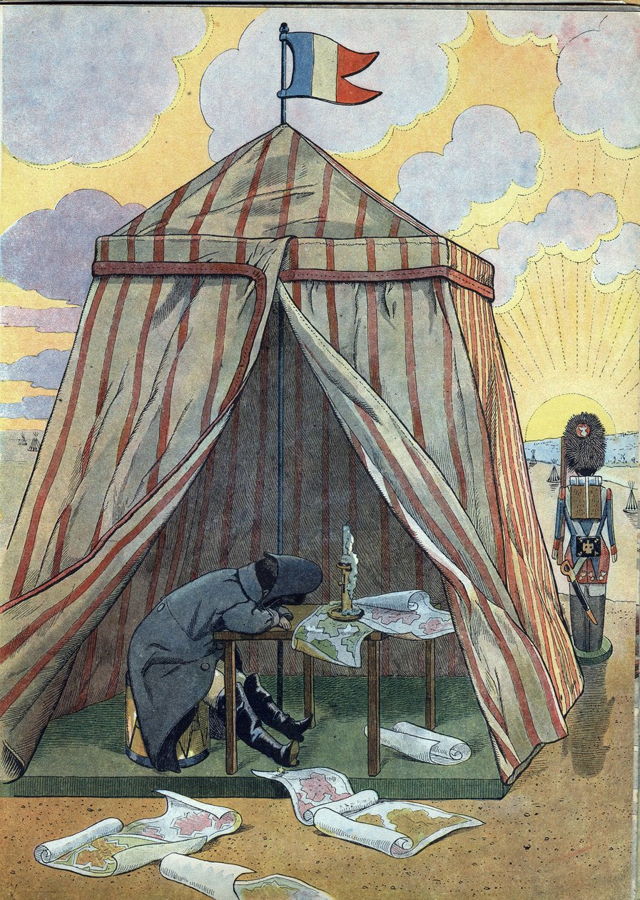 Escena de la historia de Francia en juguetes: Napoleón I Bonaparte (1769-1821) en descanso antes de la Batalla de Austerlitz el 2 de diciembre de 1815. Ilustración de Job (Jacques-Marie) de pseudonym for Onfray de Breville Jacques Job