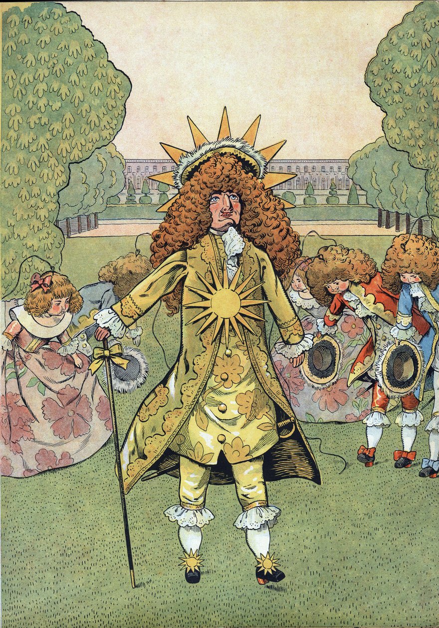 Escena de la historia de Francia en juguetes: Retrato del Rey de Francia Luis XIV (1638-1715) llamado el Rey Sol en los jardines de Versalles con su Corte haciendo reverencia. de pseudonym for Onfray de Breville Jacques Job