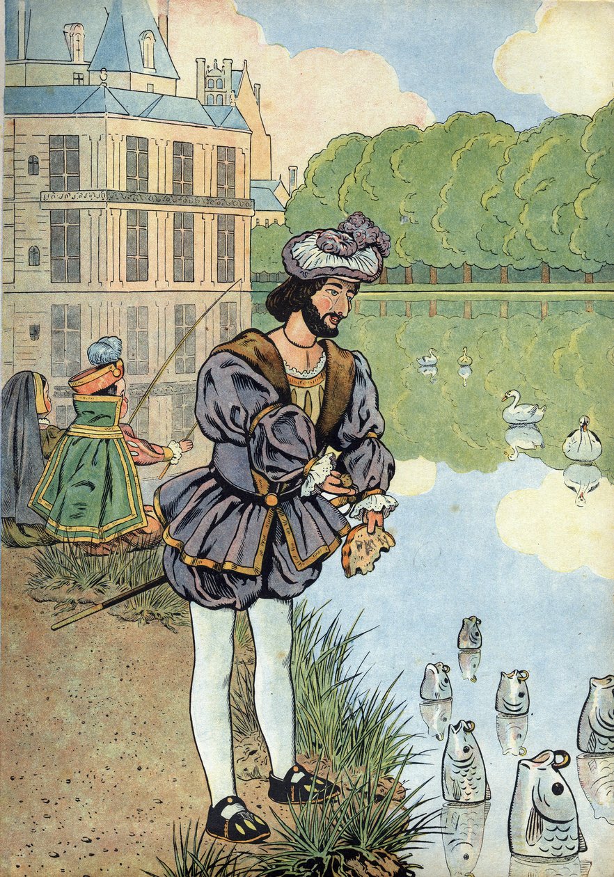 Escena de la historia de Francia con juguetes: el Rey de Francia Francisco I (1494-1547) da pan a los peces del parque de Fontainebleau. En “Joujoux a l
