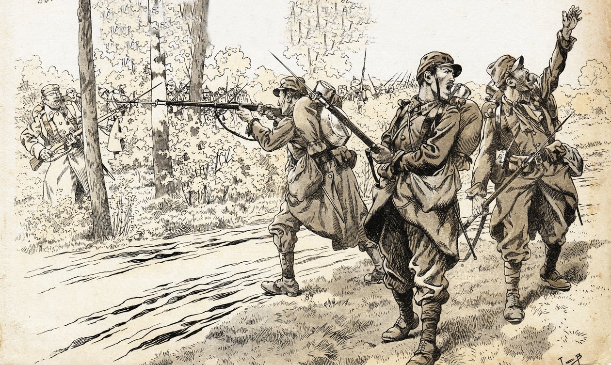 ¡Dispárenles! Soldados franceses de la guerra de 1914-1918 enviados en patrulla para reconocer la fuerza y ubicación exacta del enemigo. Habiendo encontrado a las tropas alemanas, dieron la orden de disparar sin preocuparse por quedar atrapados entre fueg de pseudonym for Onfray de Breville Jacques Job