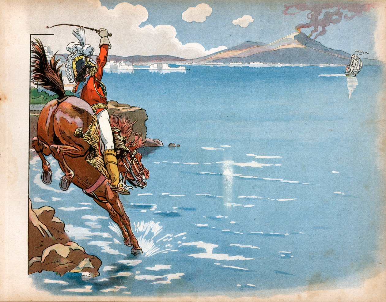 Los ingleses cabalgaron por las costas de su estado, y mientras cabalgaba por la orilla del mar, Joachim Murat (1767-1815), rey de Nápoles, vio una fragata inglesa, empujó su caballo al agua y cargó. Grabado de Jacques Marie Gaston Onfray de Breville de pseudonym for Onfray de Breville Jacques Job