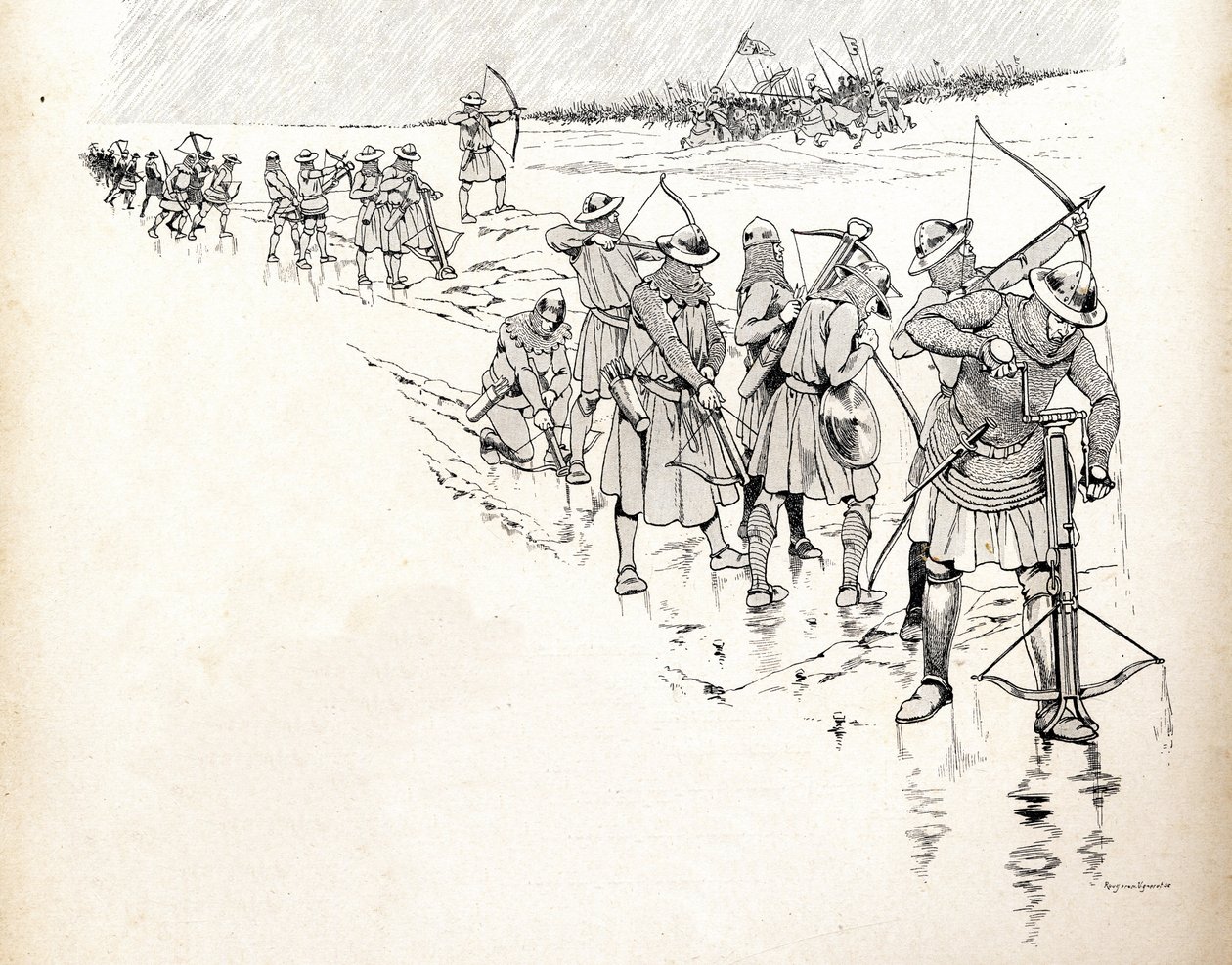 La lluvia pone fuera de combate a los arqueros del ejército del rey francés Felipe VI (Felipe de Valois) (1293-1350) al mojar las cuerdas de los arcos durante la Batalla de Crécy en 1346 al comienzo de la Guerra de los Cien Años. Ilustración de Job (Jacque de pseudonym for Onfray de Breville Jacques Job