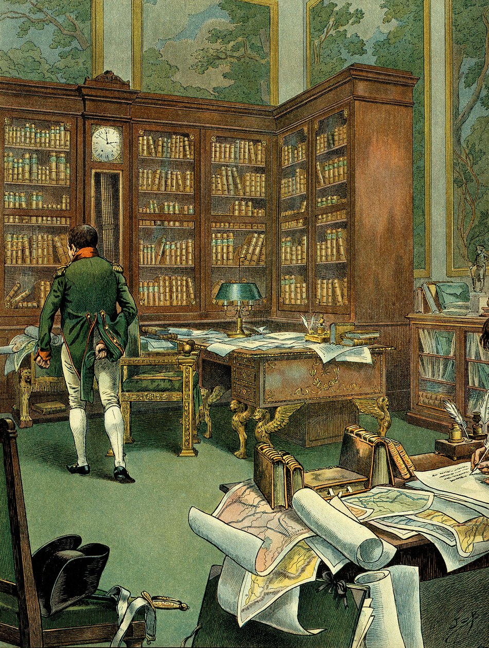 Gabinete de trabajo de Napoleón I Bonaparte (1769-1821) en el primer piso del Palacio de las Tullerías mientras era Primer Cónsul. Escritorio con biblioteca y reloj construido en madera. Ilustración de Jacques Marie Gaston Onfray de Breville dit JOB (1858- de pseudonym for Onfray de Breville Jacques Job