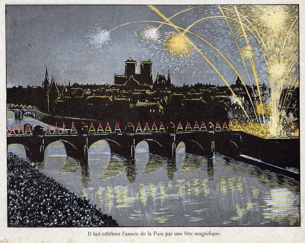 Fiesta de la Paz el 18 brumario año X (9/11/1801) - Napoleón organizó una magnífica fiesta para celebrar el año de la paz, 9 de noviembre de 1801 - litografía de Job (Jacques Onfroy de Breville) de “Le Grand Napoleon des Petites Enfants” 1893 de pseudonym for Onfray de Breville Jacques Job
