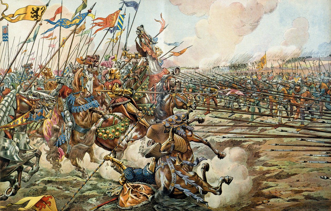 La batalla de Grandson entre los borgoñones y los suizos en Grandson, Suiza el 2 de marzo de 1476. Ilustración de Jacques Marie Gaston Onfray de Breville dit JOB de pseudonym for Onfray de Breville Job