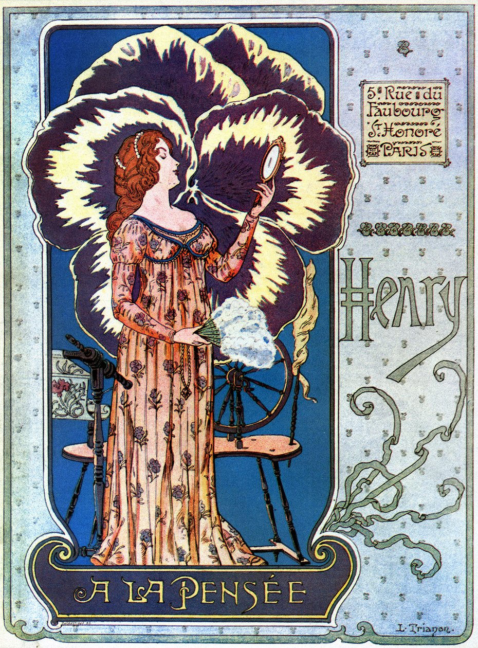 Art Nouveau: cartel publicitario para la tienda de cosméticos "Henry a la Pensée" en París. Una joven se admira en un espejo, detrás de ella una flor de pensamiento. Ilustración de L. Trianon de pseudonym of Trinquier Louis Trinquier Trianon