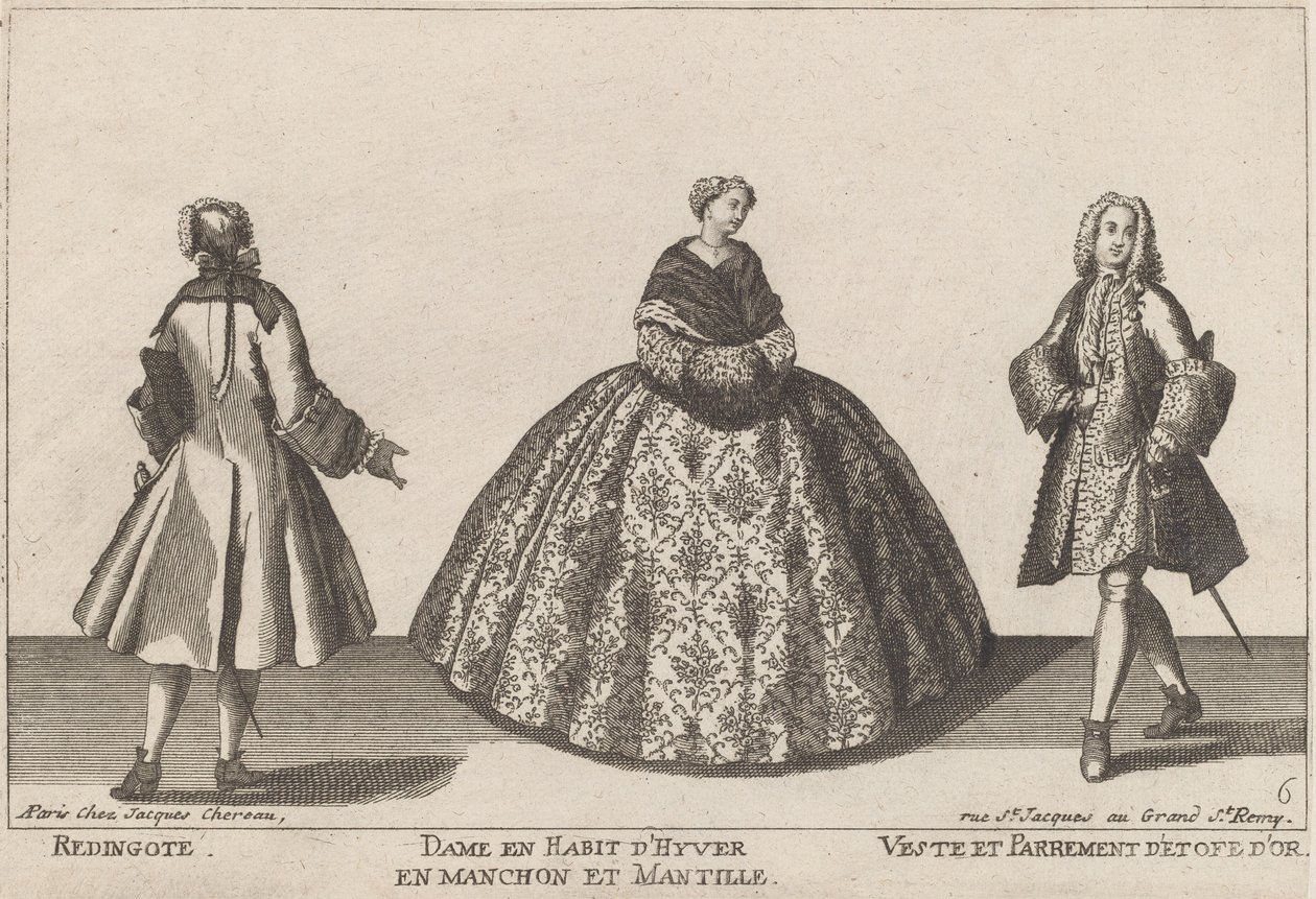 Redingote/Dama en Traje de Invierno con Manguito/Chaqueta y Adorno de Tela de Oro de published by Jacques Chéreau