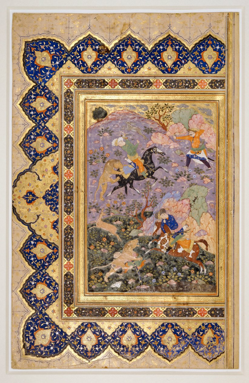 Caza de animales salvajes, c.1540 (tinta, gouache y oro) de School Iranian