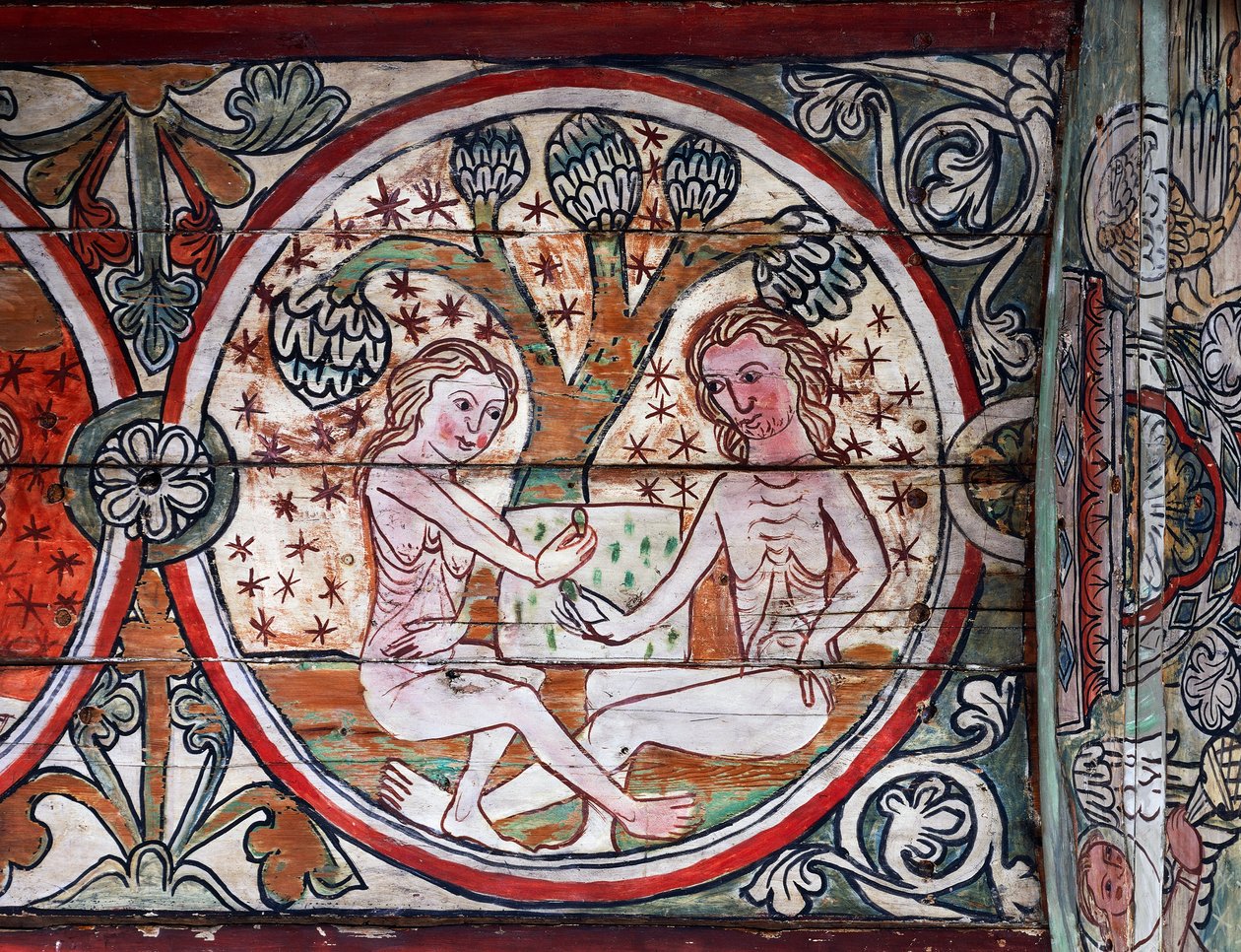 Adán y Eva en el Jardín del Edén, decoración de Al Stavkirke, Noruega (fresco) de school Scandinavian