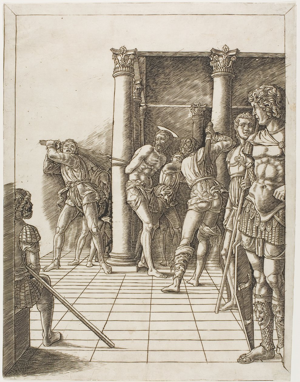 La flagelación de Cristo, con el pavimento de school of Andrea Mantegna