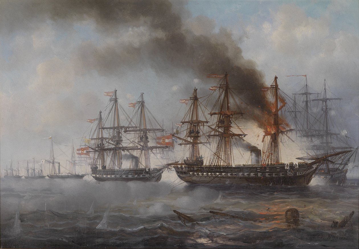 La batalla naval de Helgoland 1864 (la fragata austriaca Schwarzenberg en llamas, detrás la fragata Radetzky) de Josef Karl Berthold Puttner