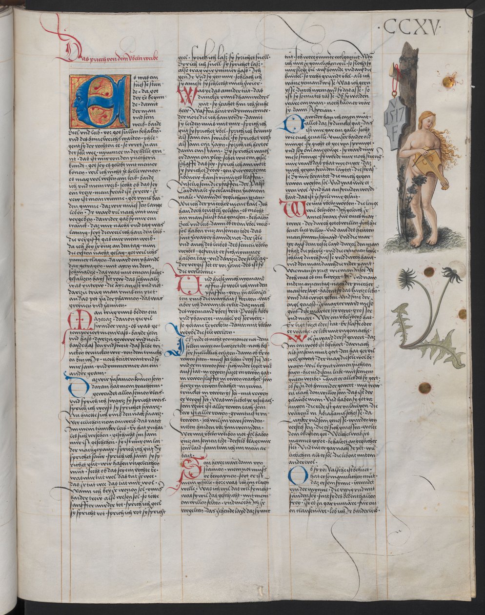 El Ambraser Heldenbuch, folio 215r. Las iniciales VF en el escudo se asumen como las del artista de Österreichische Nationalbibliothek,