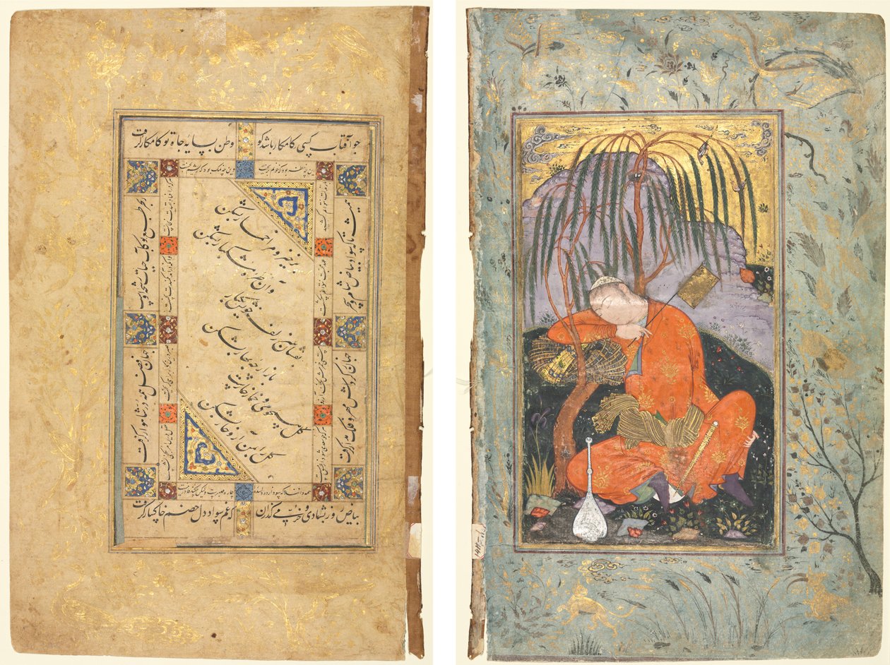 Coplas persas (recto); Joven durmiendo (verso) de style of Riza yi Abbasi